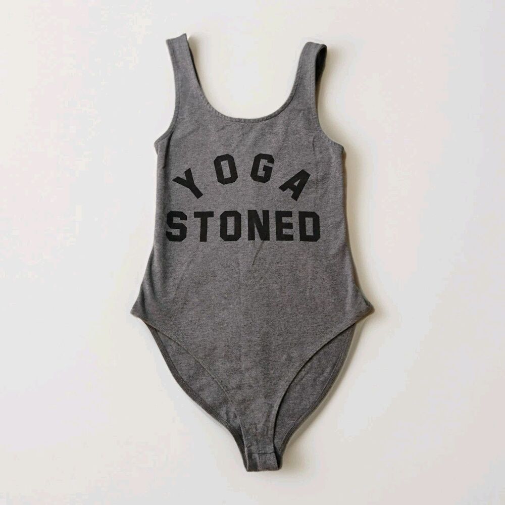 Namaste As F**** AF Yoga Stoned Bodysuit Womens Small Gray Graphic Tank Biketard
